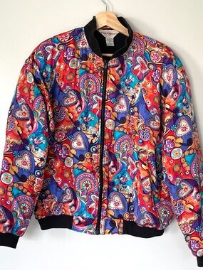 Vintage 80s Marguerite Li 100% Silk Unisex Bomber Jacket Pad Shoulder Size M
